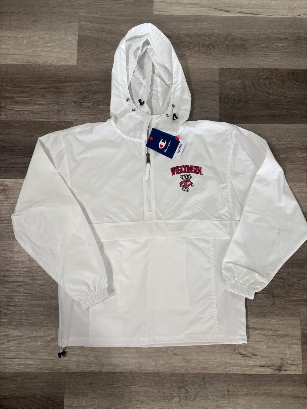 Champion White Wisconsin Windbreaker Pullover Jacket